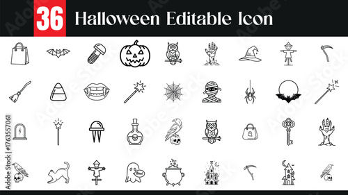 Collection of 36 hand drawn halloween icons and symbols for spooky holiday design elements