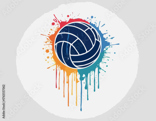 Dynamic Volleyball Icon with Stencil Effect and Dripping Paint D