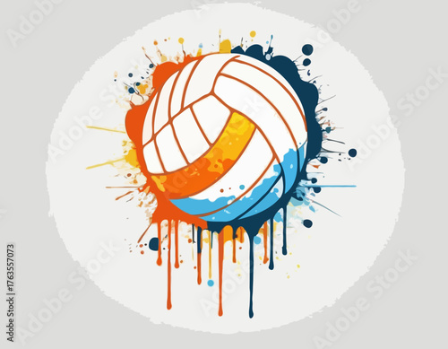 Dynamic Volleyball Icon with Stencil Effect and Dripping Paint D