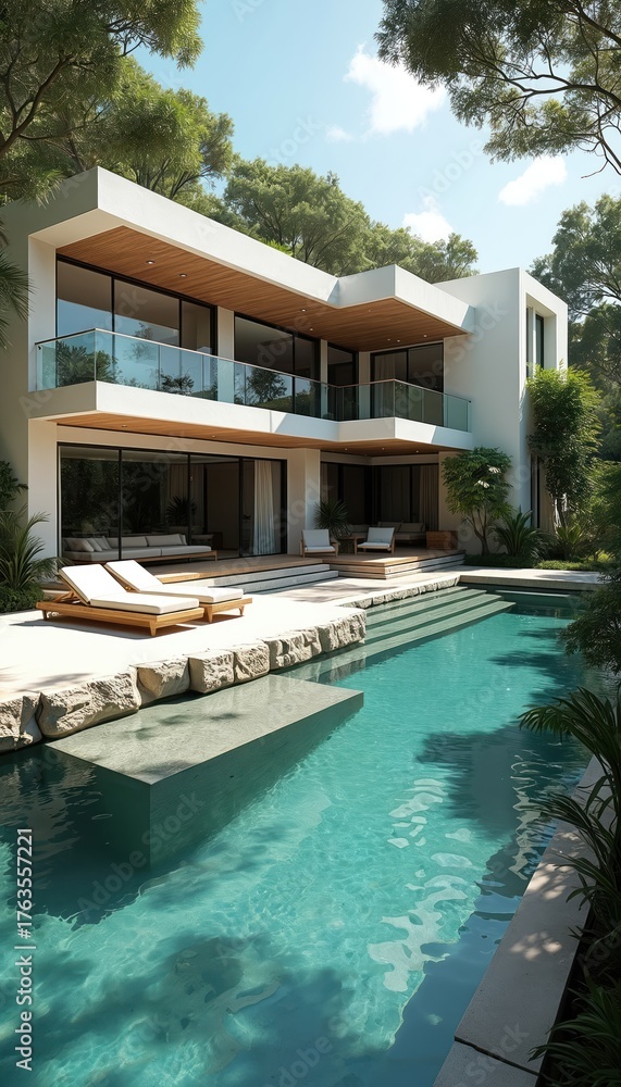 Fototapeta premium Modern luxury two story house features large glass windows, wood accents. Clear blue swimming pool stone edge, comfortable sun loungers. Tropical green trees surround property creating serene upscale