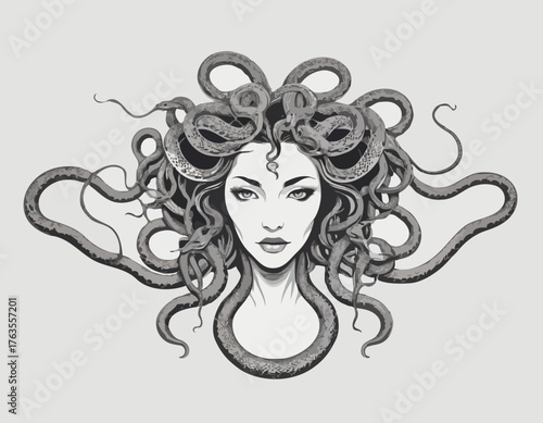 Monochrome vector rendering of a Medusa-like creature with a sna