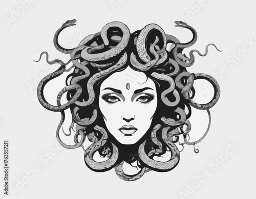 Monochrome vector rendering of a Medusa-like creature with a sna