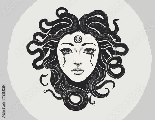 Monochrome vector rendering of a Medusa-like creature with a sna
