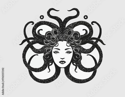 Monochrome vector rendering of a Medusa-like creature with a sna