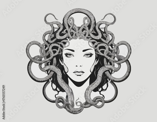 Monochrome vector rendering of a Medusa-like creature with a sna