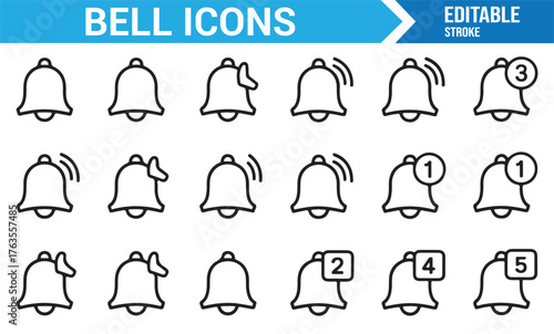 Vector collection of bell icons, user interface alert and notification outline design.
