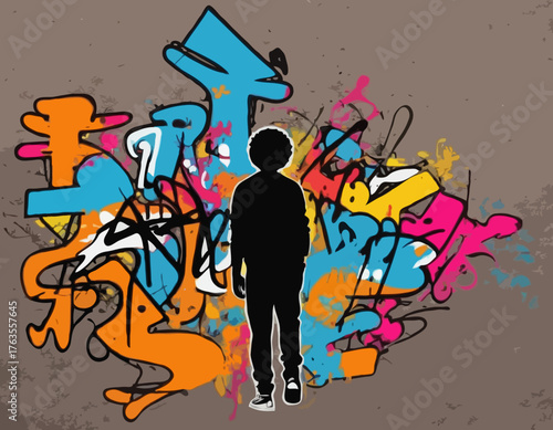 afro man silhouette, people in graffiti tag, hip hop, street art typography illustration.