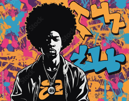 afro man silhouette, people in graffiti tag, hip hop, street art typography illustration.
