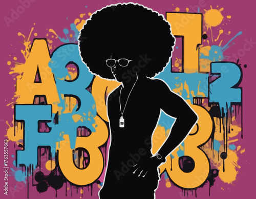 afro man silhouette, people in graffiti tag, hip hop, street art typography illustration.