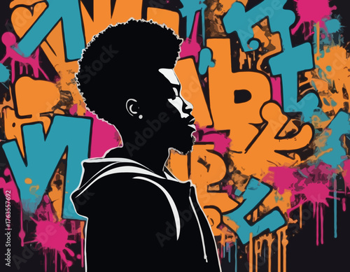 afro man silhouette, people in graffiti tag, hip hop, street art typography illustration.