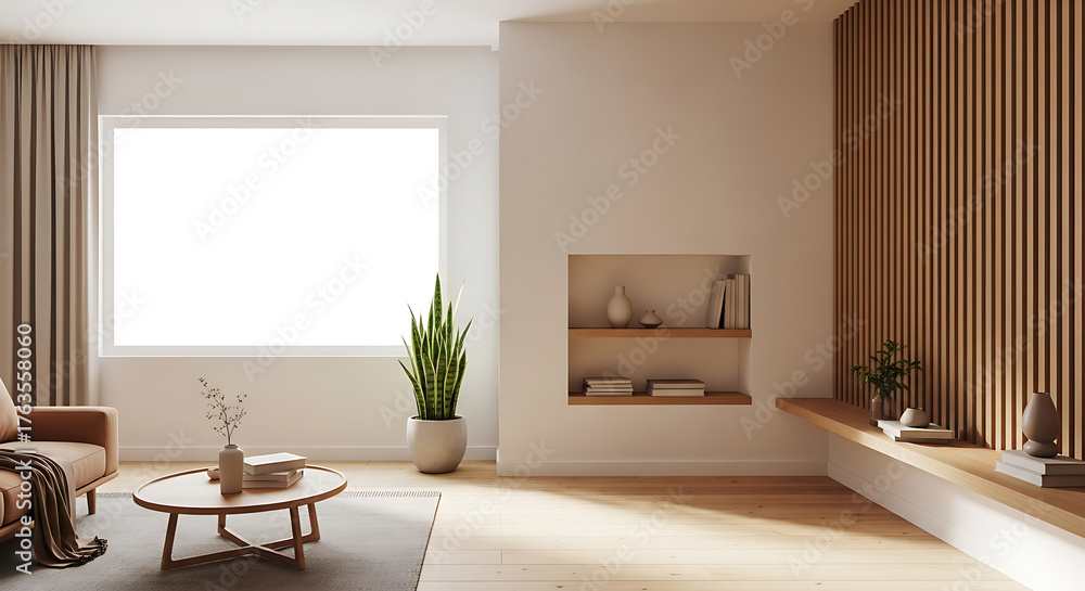 Fototapeta premium Clean open-plan living room with wood flooring and sofa.