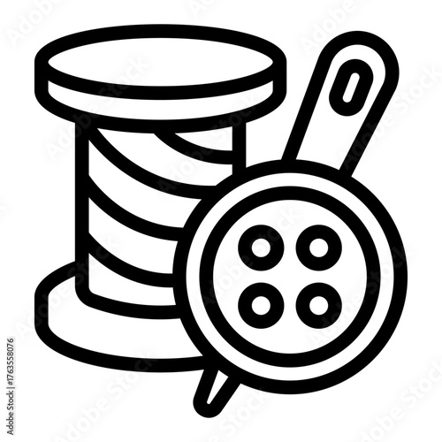 Spool of thread with button and needle line icon, sewing tools concept. Vector graphics. Needle with cap and reel sign on white background, style icon mobile or web design.