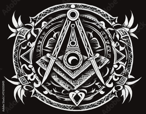 Masonic Square and Compass Icon with Tribal Tattoo Vector for Ap