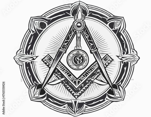 Masonic Square and Compass Icon with Tribal Tattoo Vector for Ap