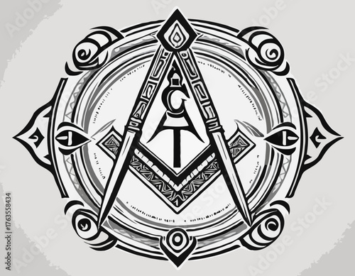 Masonic Square and Compass Icon with Tribal Tattoo Vector for Ap