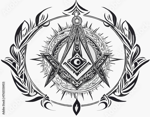 Masonic Square and Compass Icon with Tribal Tattoo Vector for Ap