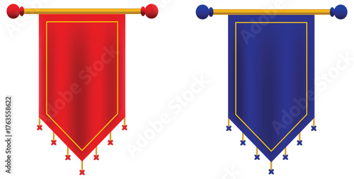 Set of red and blue medieval scroll banners