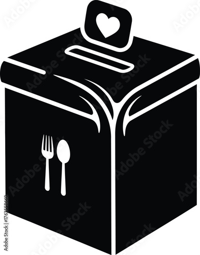 Food Donation Box Icon with Heart and Cutlery Black and White Vector Glyph for Charity and Hunger Relief