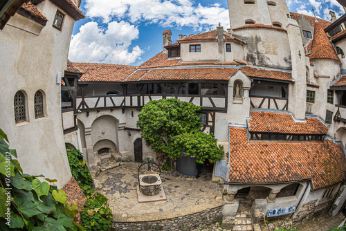 View of Inner yard of Bran Castle dated from 13th century, known outside Romania as  legendary Dracula's Castle. Queen Marie of Romania's later residence., Braso, Brasov Country, Transylvania, Romania