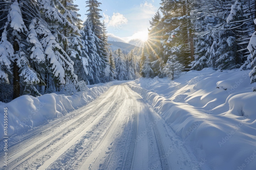 Fototapeta premium Snowy road through forest during winter sunrise
