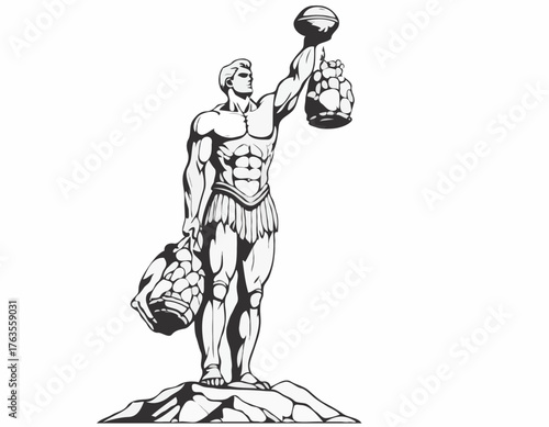 Monumental Burden: Monochrome depiction of a titan carrying cele