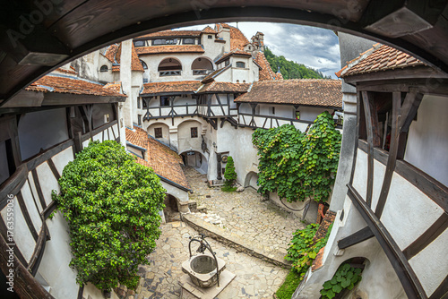 View of Inner yard of Bran Castle dated from 13th century, known outside Romania as  legendary Dracula's Castle. Queen Marie of Romania's later residence., Brasov Country, Transylvania, Romania