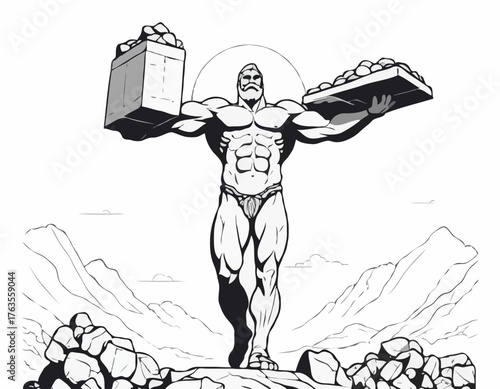 Monumental Burden: Monochrome depiction of a titan carrying cele