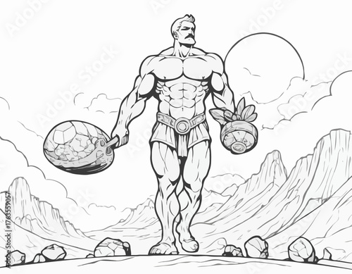 Monumental Burden: Monochrome depiction of a titan carrying cele