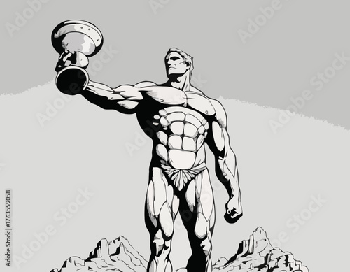 Monumental Burden: Monochrome depiction of a titan carrying cele