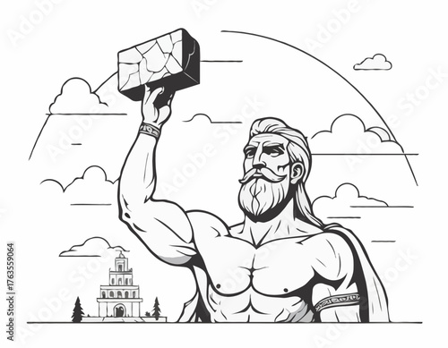 Monumental Burden: Monochrome depiction of a titan carrying cele