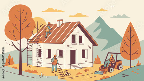 Illustration of a house under construction with workers, trees, mountains and a small bulldozer present