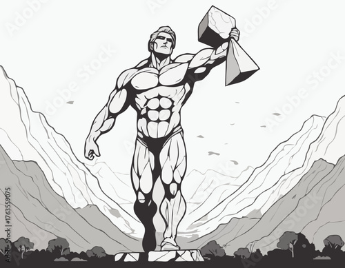 Monumental Burden: Monochrome depiction of a titan carrying cele