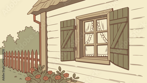 Illustration of a country house with open shutters and a picket fence in the background scene outside 100