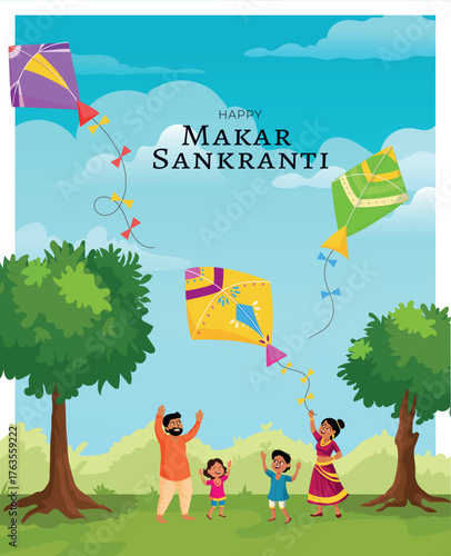 Vector illustration poster showing a family flying kites in a park on Makar Sankranti. Kites come in different colors and sizes, and the family enjoys spending time together.