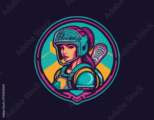 Lacrosse female player in cyberpunk pattern illustration, emblem shield badge