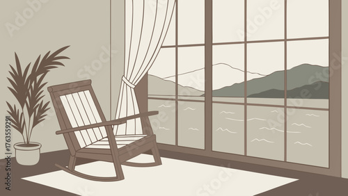 Illustration of a rocking chair near a window with a view of mountains and water in a room setting