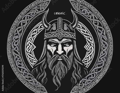 viking in silhouete with celtic knot pattern illustration