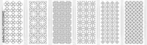 Geometric seamless line pattern collection, abstract circular and floral shape background design, black and white decorative vector set for wallpaper, textile, and art prints