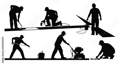 Silhouette vector illustration of construction workers performing various tasks with paint roller, spray gun, tape measure, floor machine, tiling, and industry