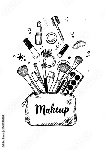Makeup bag with various cosmetic tools and brushes , black and white vector illustration on transparent background