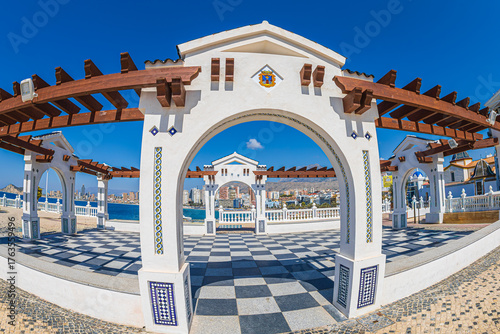 View from the Balcony of the Mediterranean sea, Mirador del Castillo, Mediterranean lookout point in Alicante. Traditional architecture., Benidorm, Spain