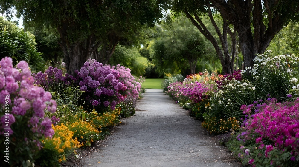 Obraz premium A beautiful and vibrant garden pathway flanked by lush beds of colorful blooming flowers and tall mature trees bathed in soft natural light