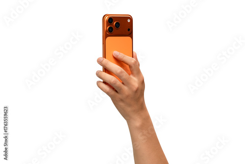 Back view of a hand holding a new cosmic orange smartphone, isolated on a transparent PNG.