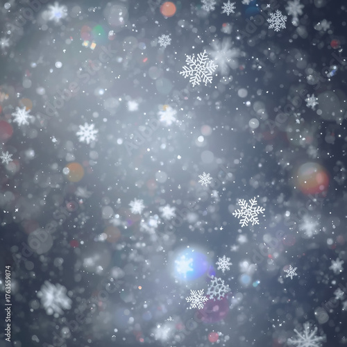 Falling snowflakes illuminated by multicolored lights, a macro shot, dreamy and magical.
