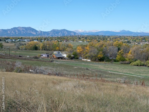 Autumn View of Flatirons and Rocky Mountains from Coal Creek Trail, Louisville, Colorado