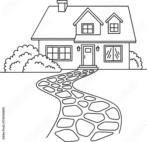Residential House Exterior Line Art with Stone Path and Bushes Coloring Page Vector