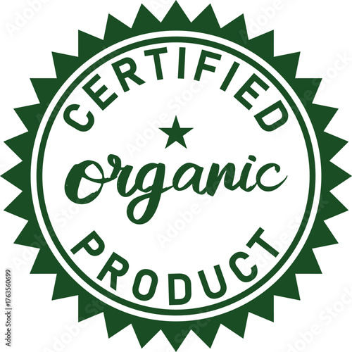 Certified organic product label green vector seal with star promoting natural and healthy food choices
