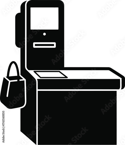 Self Checkout Register Machine with Shopping Bag Icon Vector Glyph