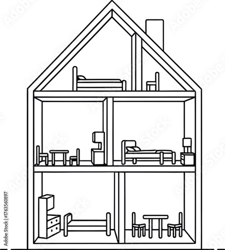 Dollhouse Interior Cross Section View Line Art Vector Illustration showing Rooms and Furniture