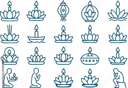 Collection of loy krathong icons isolated on white background, featuring traditional lotus shaped floats with candles, lanterns, and praying figures in outline style